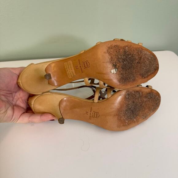 Co-op Barneys NY Stiletto Sandals 37 6.5 US Tan Leather Strappy Peep Toe ITALY - Picture 8 of 10